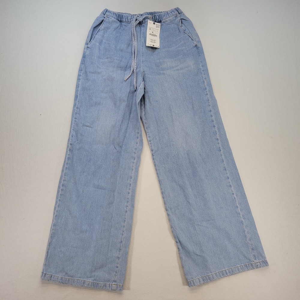 Zara Wide Leg Jeans Womens Size M Light Blue Drawstring Elastic Waist